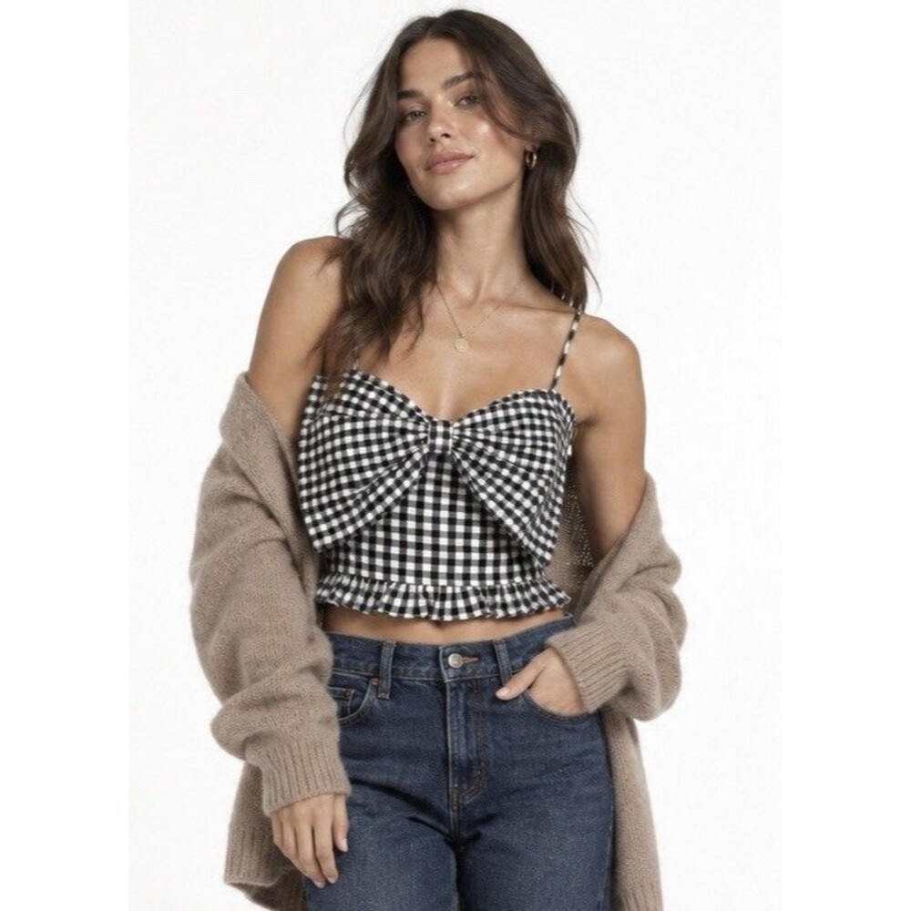 Petal & Pup Bambi Black Gingham Oversized Bow Crop Camisole NWT Size S